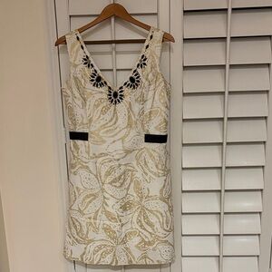 Lilly Pulitzer White and Gold Embellished V-Neck Sheath Dress